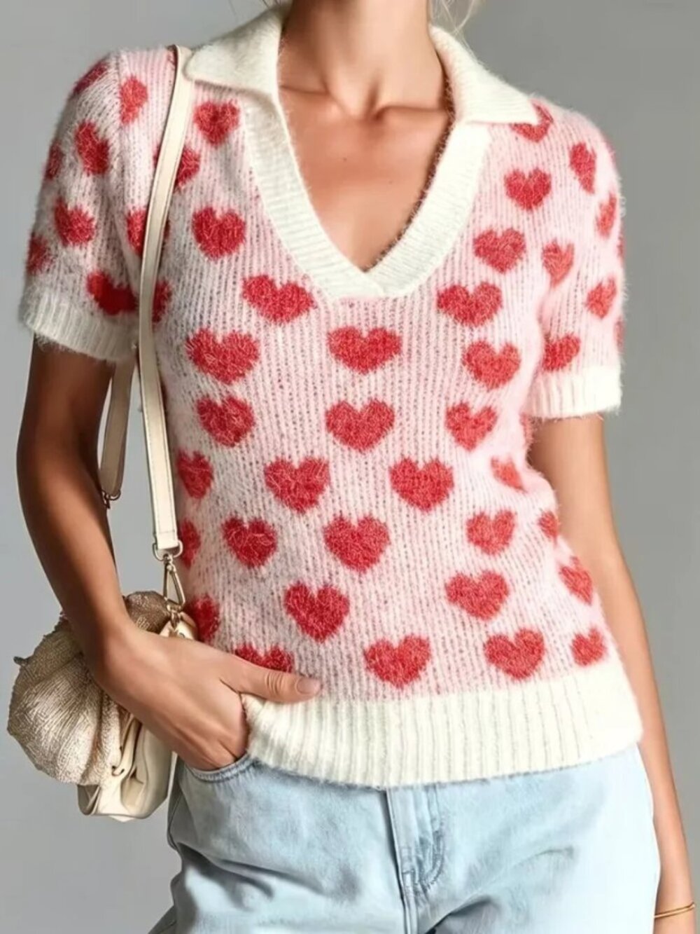 Fuzzy Heart Pattern Polo V-Neck Short Sleeve Sweater TEMPORARILY UNAVAILABLE DO